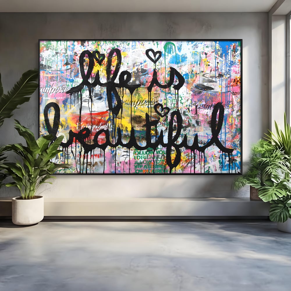 Tablou canvas cu tablou canvas cu graffiti motivational, in rama de aluminiu negru